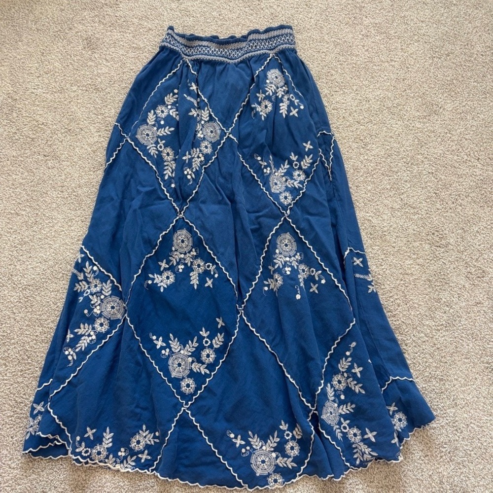 Anthropologie Meadow Rue Maxi Skirt Womens M Blue Embroidered Boho Cottage